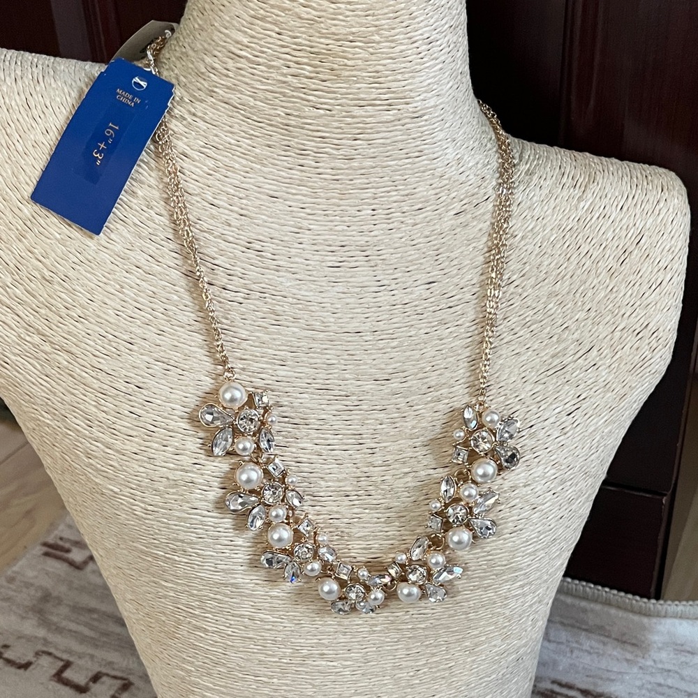 Gold Pearl & Crystal Cluster Necklace - Women Jewelry